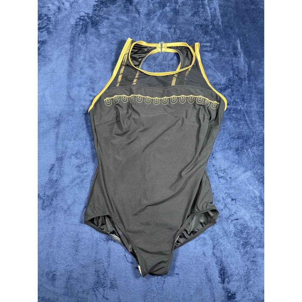 Vintage Wms Swimsuit One‎ Piece Black Mesh Gold Trim  Pacific Connections